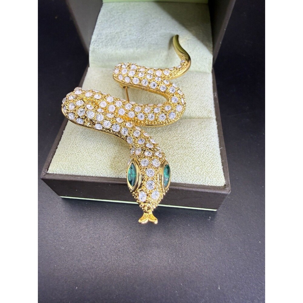 Gold Tone Rhinestone Pave Snake Reptile Brooch Green Rhinestone Eyes